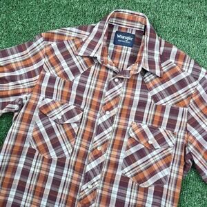 Wrangler Western Shirt Burgundy Plaid Pearl Snap Shirt Mens Small